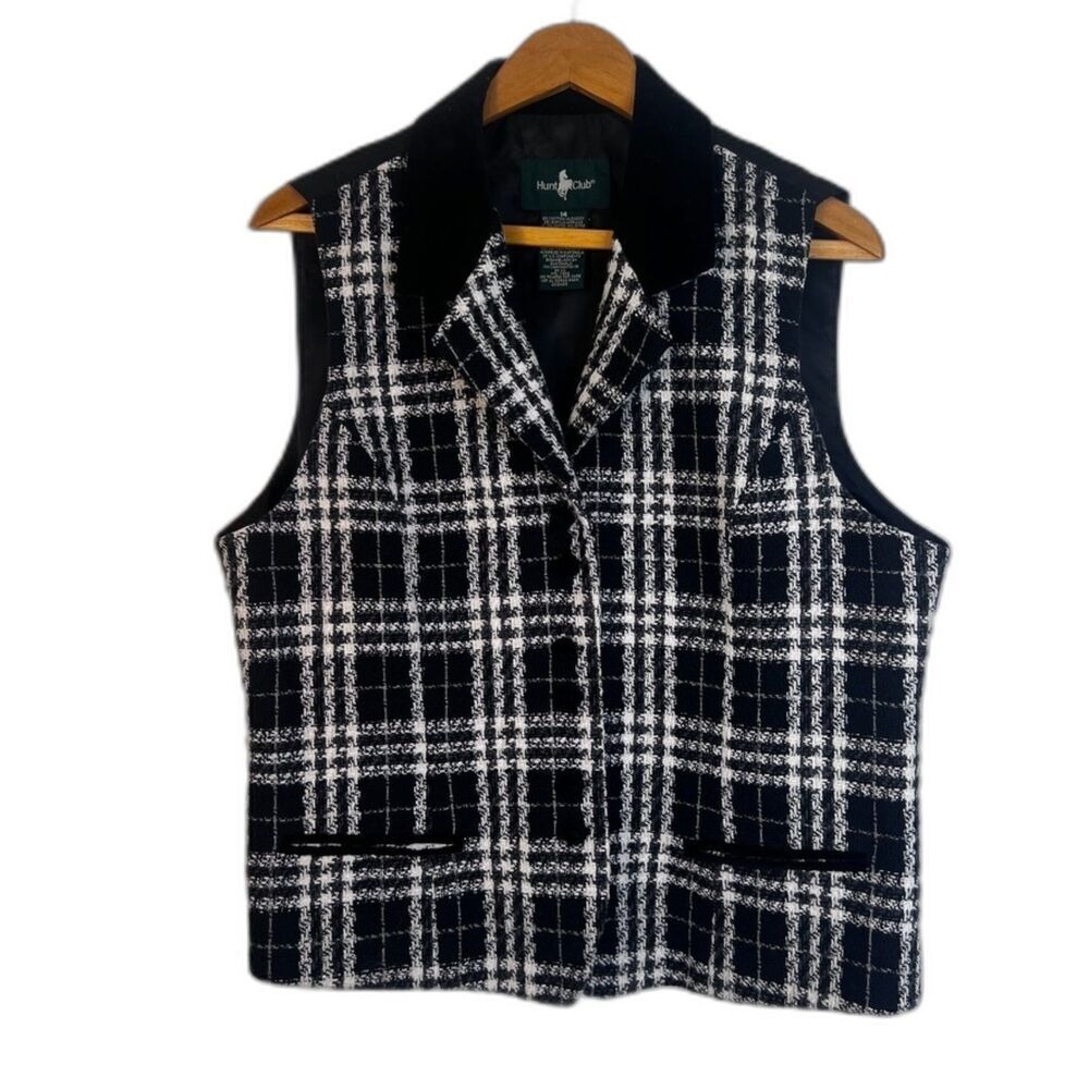 Hunt Club Tweed Plaid Sleeveless Vest Velvet Collar Size 14 Classic Preppy Layer
